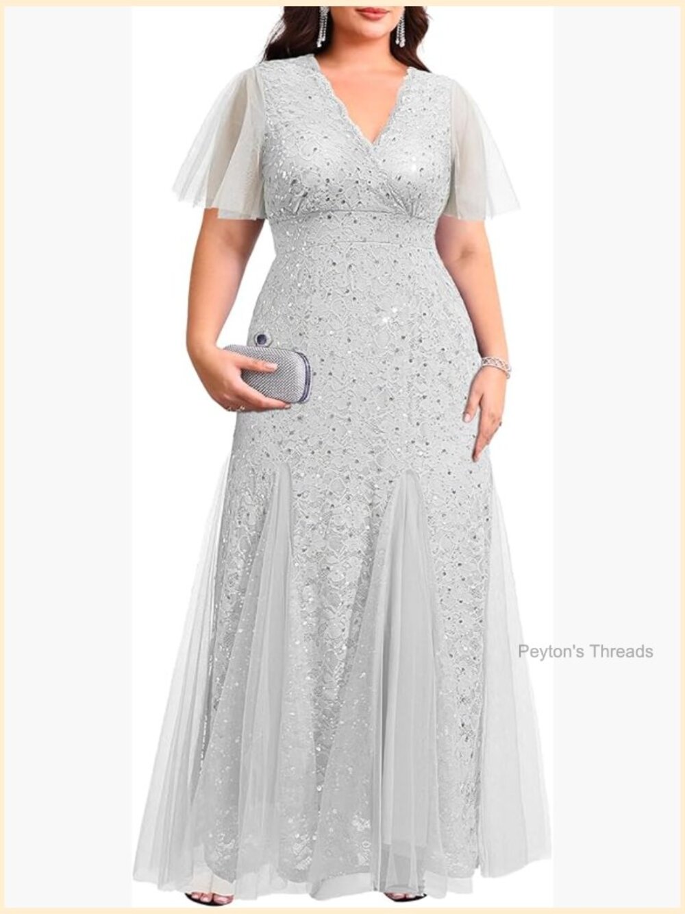 Plus Size Formal Dress Mermaid Sequin Lace Tulle Hem Maxi Evening Gown